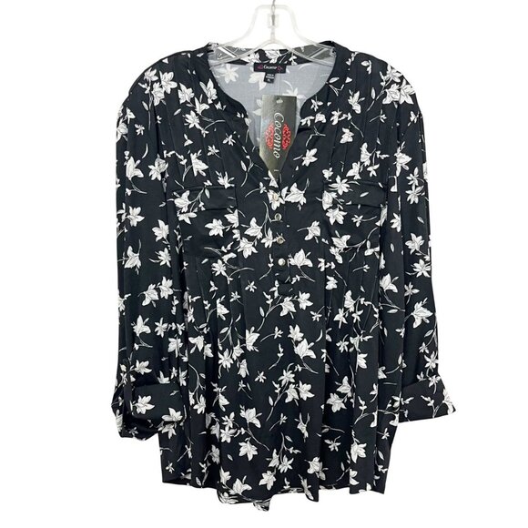 NEW Cocomo Black & White Floral Long Sleeve Blouse Business Casual - Size XL - Picture 1 of 7